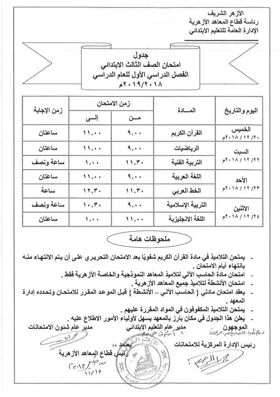 جدول امتحانات الصف الثالث الأزهري